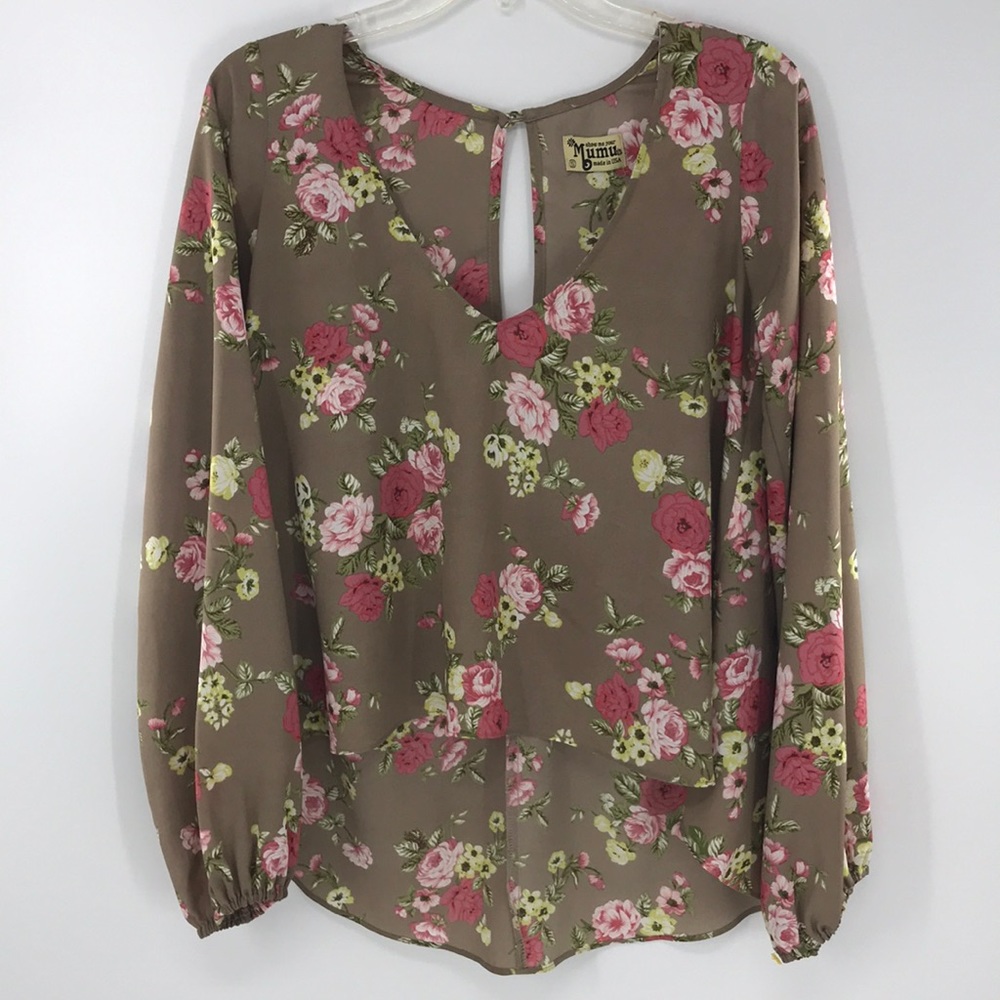 Show Me Your Mumu Floral Tropical Print Top Tan/Pink High Low Size Small V-neck